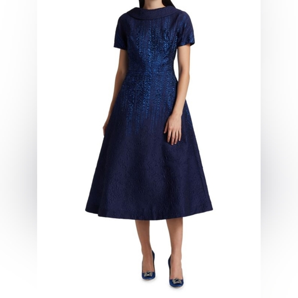 NWT Teri Jon by Rickie FreemanMetallic Roll-Neck A-Line Dress